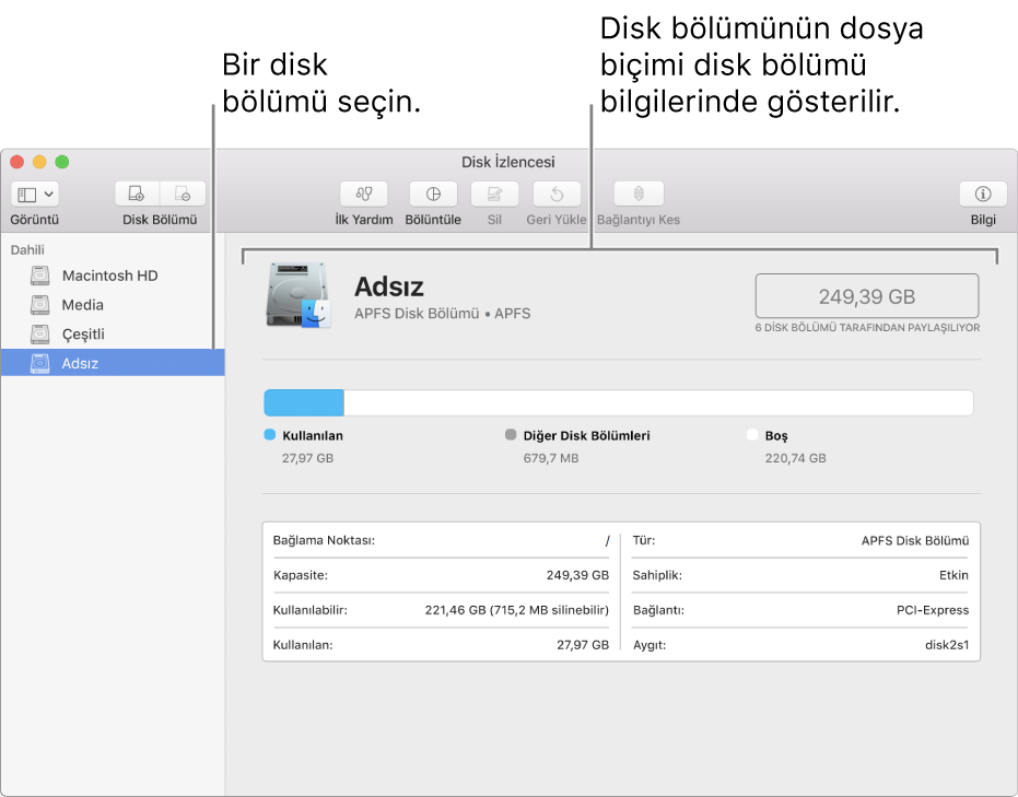 Mac OS Genişletilmiş disk bölümünü gösteren Disk İzlencesi penceresi.