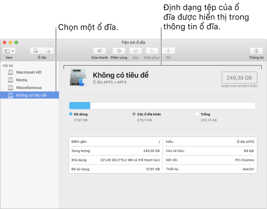 Cửa sổ Tiện ích ổ đĩa đang hiển thị ổ đĩa Mac OS Extended.