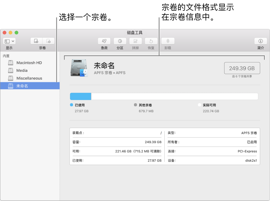 显示一个 Mac OS 扩展宗卷的“磁盘工具”窗口。