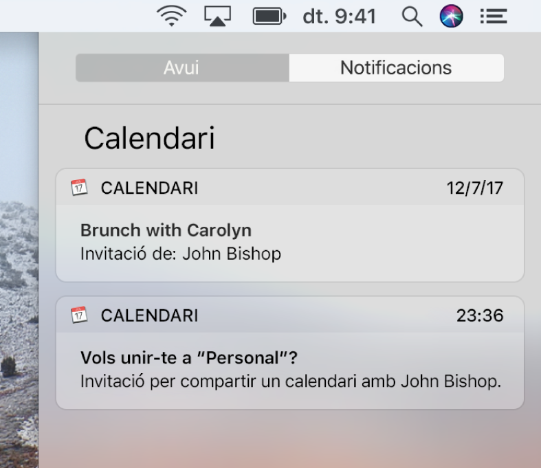 Notificació d’un esdeveniment de calendari i notificació d’un calendari compartit al Centre de Notificacions