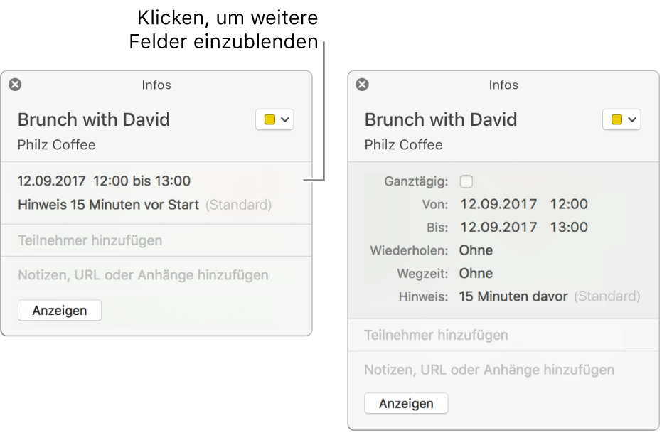 Infofenster für ein Ereignis mit ausgeblendeten Details (links) und Infofenster für dasselbe Ereignis mit Details zur Dauer (rechts)