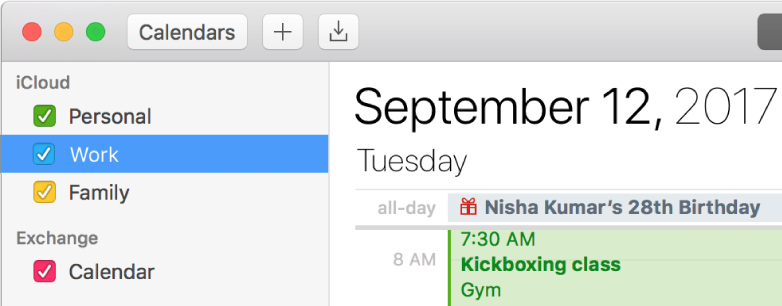 A Calendar window in Day view showing color-coded personal, work, and family calendars in the sidebar under the iCloud account heading and another calendar under the Exchange account heading.