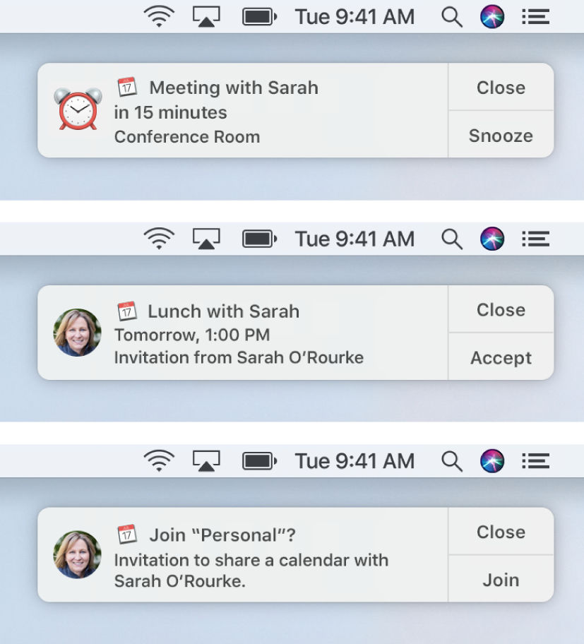 Notification alerts for Calendar invitations have buttons on the right: Close and Accept or Close and View for an event, and Close and Join for a shared calendar