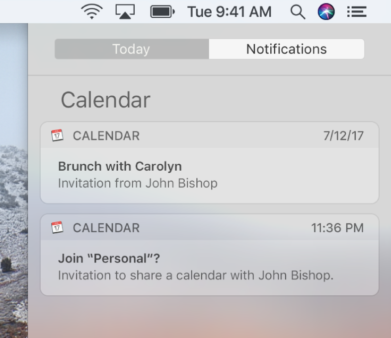 Calendar event notification and shared calendar notification in Notification Center