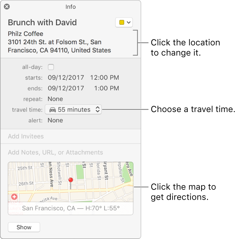 Info window for an event, with the pointer over the Travel Time pop-up menu. Choose a travel time from the pop-up menu. Click the location to change it. Click the map to get directions