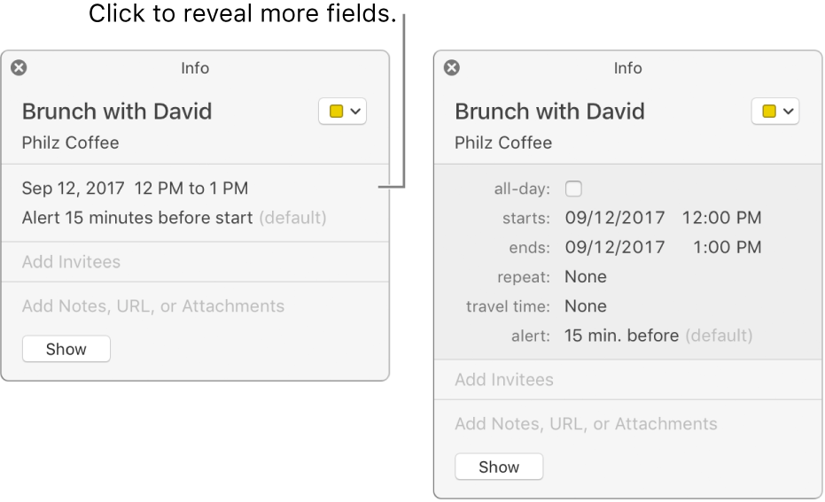 Info window for an event with details hidden (on the left), and the same event’s info window with duration details showing (on the right).