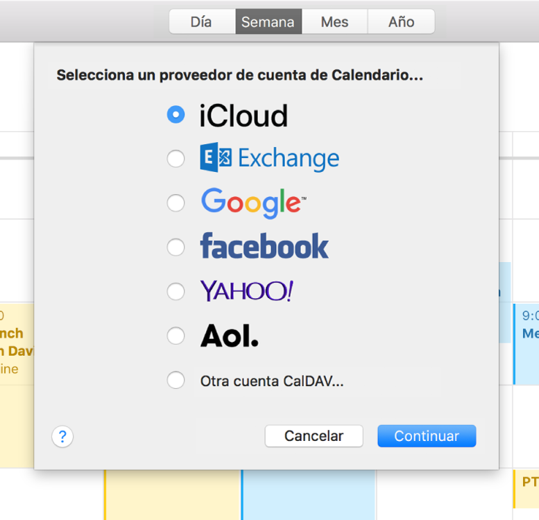 Una ventana de Calendario mostrando el panel “Agregar cuenta”.