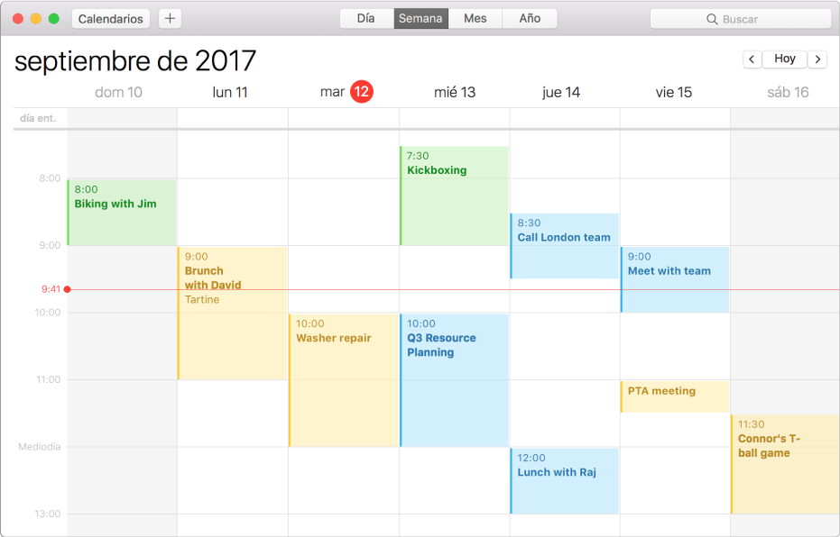 Ventana de Calendario en la visualización por semanas.