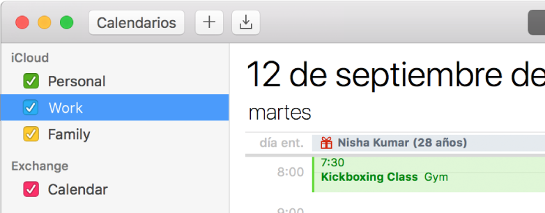 Una ventana de Calendario en la vista por día mostrando calendarios familiar, personal y de trabajo codificados por color en la barra lateral en la sección de la cuenta iCloud y otro calendario en la sección de la cuenta Exchange.