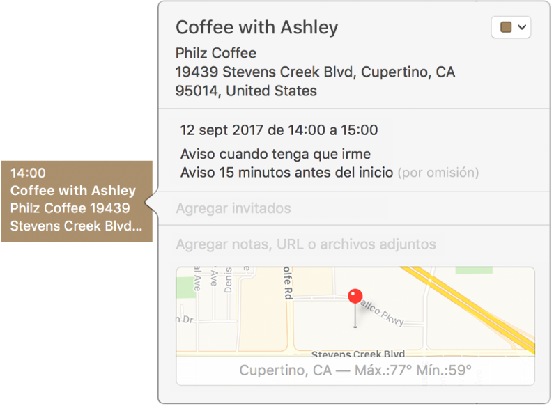 La ventana de información de un evento mostrando el nombre de la ubicación y la dirección, así como un mapa pequeño.