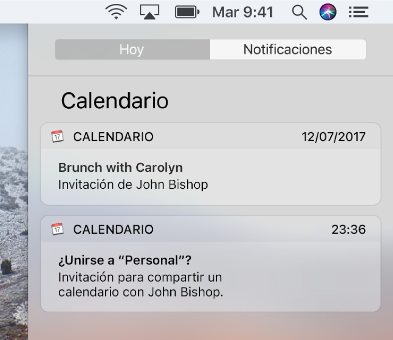 Notificación de evento de Calendario y notificación de un calendario compartido en el centro de notificaciones