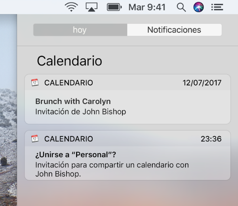 Notificación de un evento de calendario y notificación de un calendario compartido en el centro de notificaciones