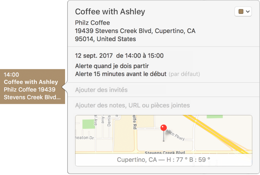 La fenêtre d’informations d’un événement, contenant le nom et l’adresse du lieu, ainsi qu’un petit plan.
