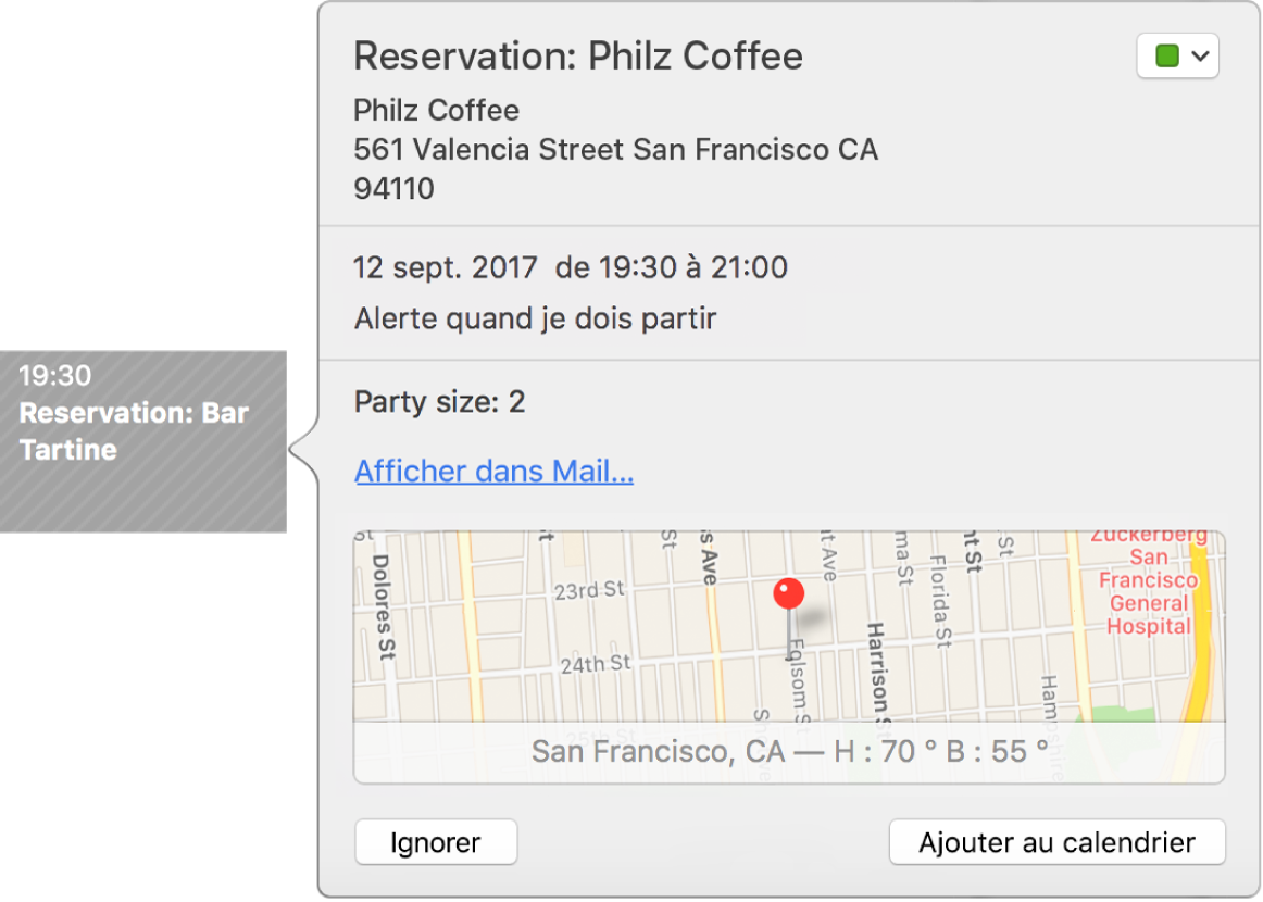 La fenêtre Calendrier avec un événement trouvé dans une app, telle que Mail.