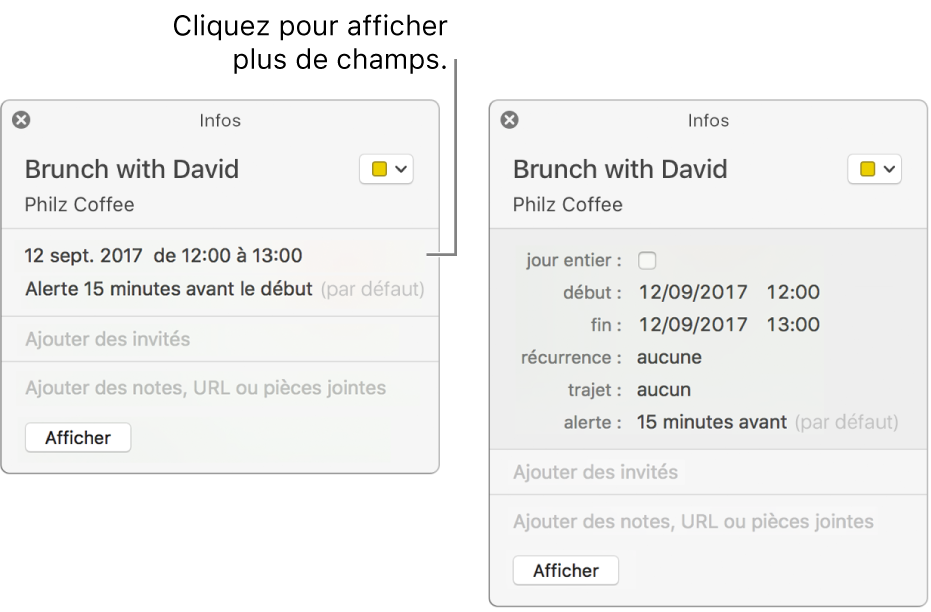 Fenêtre d’informations d’un événement avec les détails masqués (à gauche), puis la même fenêtre d’informations avec les détails relatifs à la durée affichés (à droite).