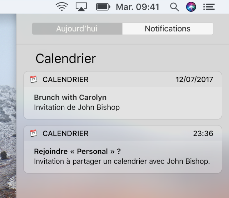 Notification d’événement de calendrier et de calendrier partagé dans le Centre de notifications