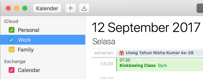 Jendela Kalender dalam tampilan Hari menampilkan kalender pribadi, kantor, dan keluarga yang diberi kode warna di bar samping di bawah heading akun iCloud dan kalender lain di bawah heading akun Exchange.