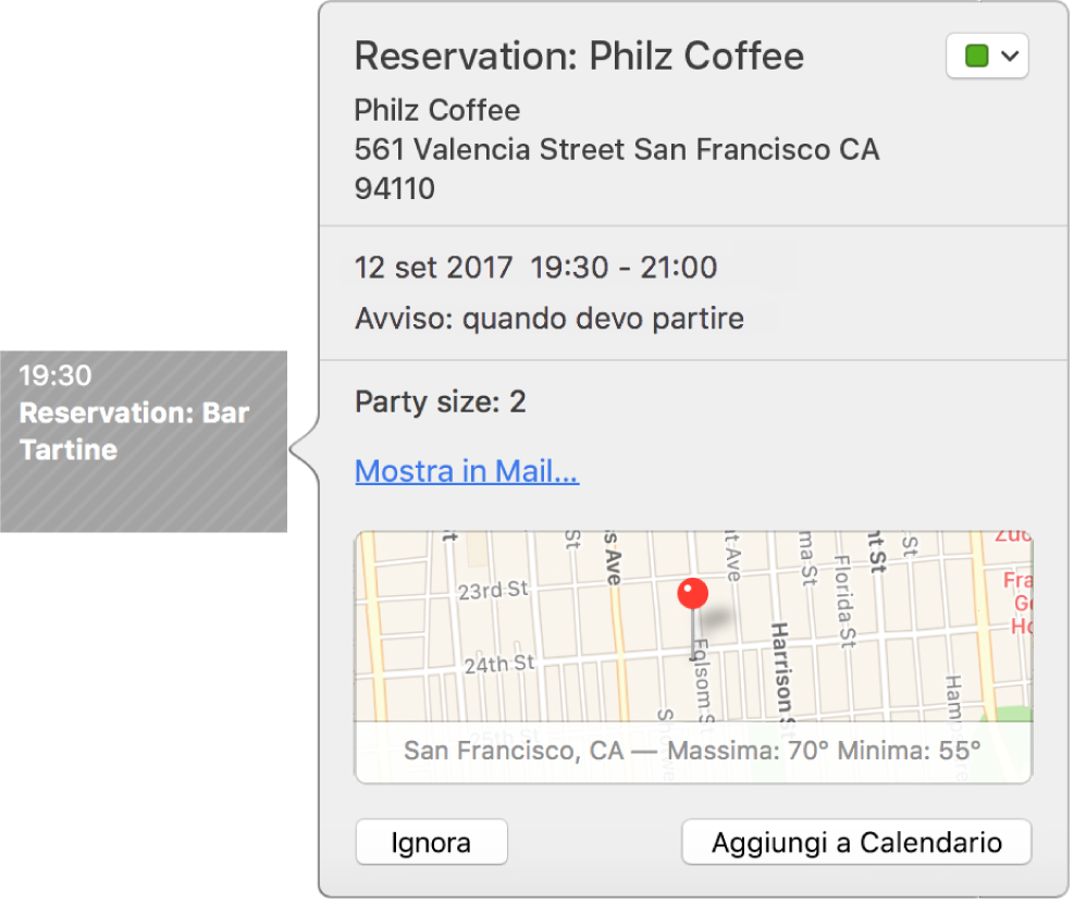 La finestra di un evento di Calendario per un evento trovato in un'app, ad esempio Mail.