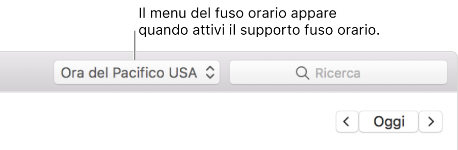 Il menu del fuso orario appare a sinistra del campo di ricerca quando attivi il supporto per il fuso orario