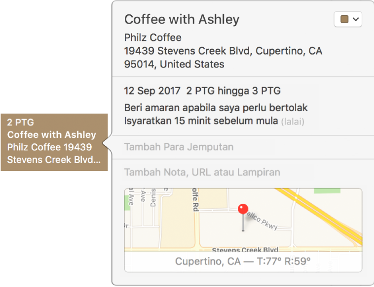 Tetingkap info untuk peristiwa yang menunjukkan nama dan alamat lokasi serta peta kecil.