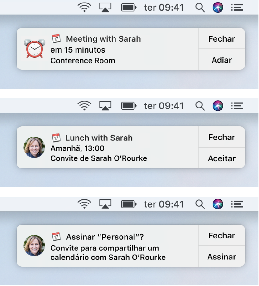 Os alertas de notificação para convites do Calendário têm botões à direita: Fechar e Aceitar ou Fechar e Visualizar para um evento, e Fechar e Unir para um calendário compartilhado