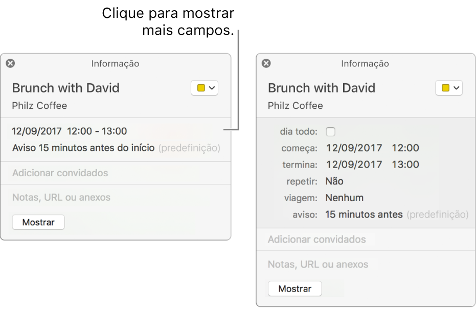 A janela Informação de um evento com os detalhes ocultados (à esquerda) e a janela de informação do mesmo evento com os detalhes sobre a duração (à direita).