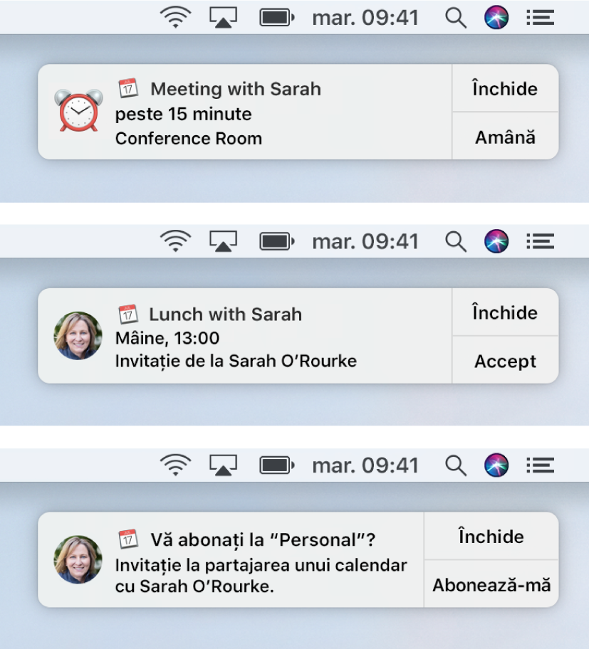 Alertele de notificare pentru invitațiile la Calendar au butoane la dreapta: Închide și Accept sau Închide și vizualizează pentru un eveniment și Închide și Abonează-mă pentru un calendar partajat