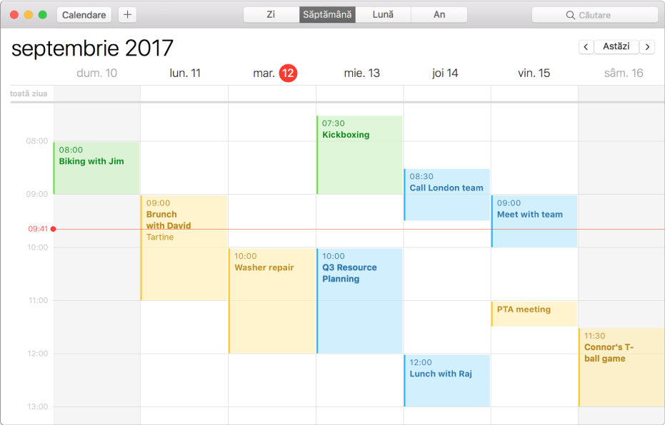 Fereastră Calendar în vizualizarea Săptămână.