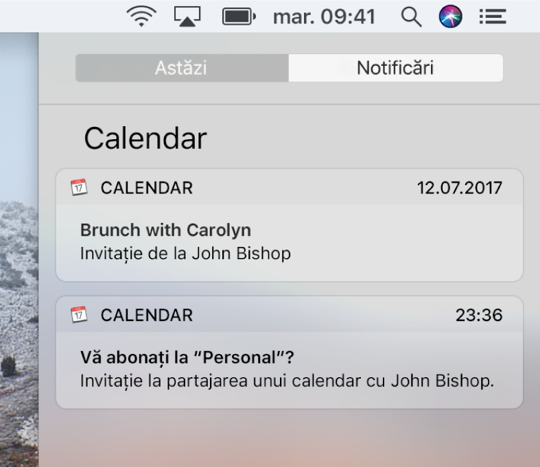 Notificare privind un eveniment din calendar și alta privind un calendar partajat în centrul de notificări