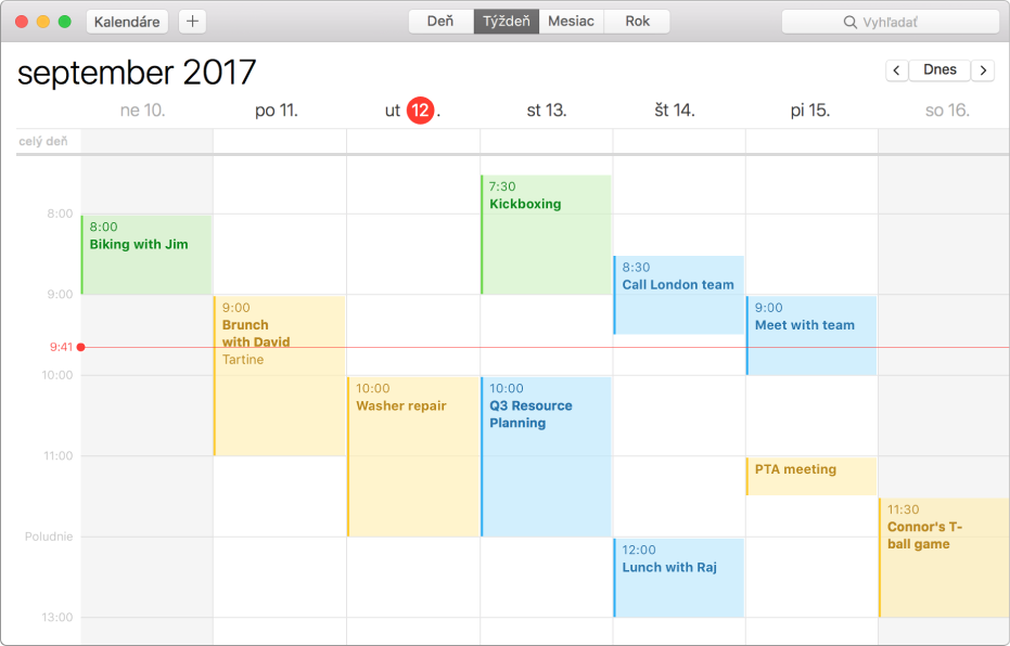 Okno aplikácie Kalendár v zobrazení Týždeň.