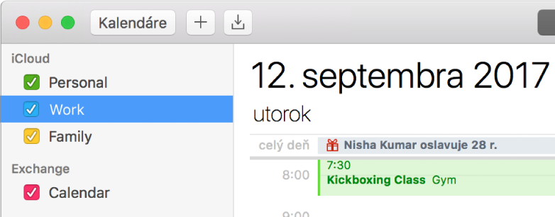Okno aplikácie Kalendár v zobrazení dňa znázorňujúce farebne kódované osobné, pracovné a rodinné kalendáre v postrannom paneli pod hlavičkou iCloud účtu a ďalší kalendár pod hlavičkou Exchange účtu.