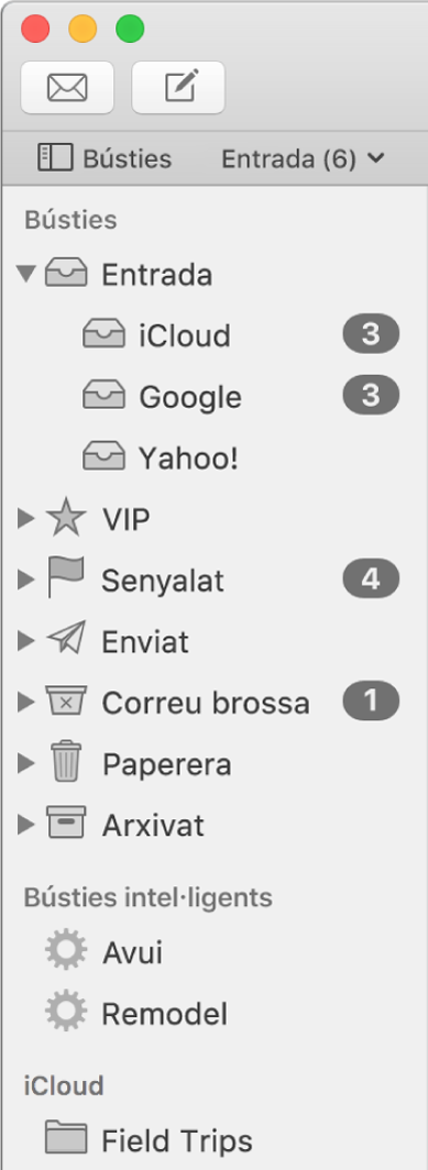 La barra lateral del Mail amb diferents comptes i bústies. Sobre de la barra lateral hi ha el botó Bústies (situat a la barra de favorits) que pots clicar per mostrar o ocultar la barra lateral.