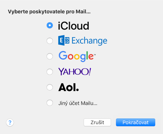 Dialogové okno umožňující volbu typu účtu, ve kterém je zobrazena nabídka účtů iCloud, Google, Yahoo!, AOL a Jiného účtu Mailu.