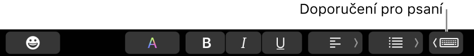 Touch Bar, na němž je napravo vidět tlačítko pro zapnutí zobrazování návrhů pro psaní