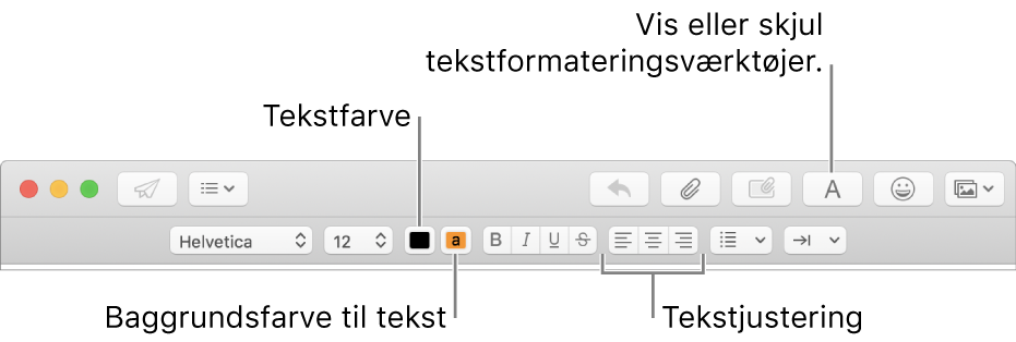 Værktøjslinjen og formateringslinjen i et vindue til en ny besked, med knapper til tekstfarve, baggrundsfarve til tekst og tekstjustering.