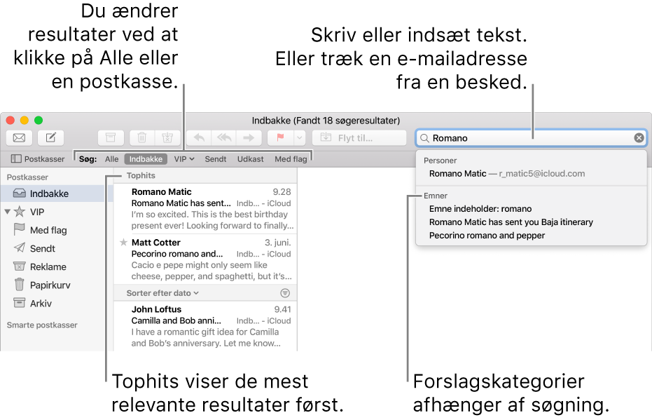 Den postkasse, der søges i, fremhæves på søgelinjen. Du kan søge i en anden postkasse ved at klikke på dens navn. Du kan skrive eller indsætte tekst i søgefeltet eller trække en e-mailadresse fra en besked. Når du skriver, vises der forslag under søgefeltet. De er organiseret i kategorier, f.eks. Emne eller Bilag, afhængigt af din søgetekst. Tophits viser de mest relevante resultater først.
