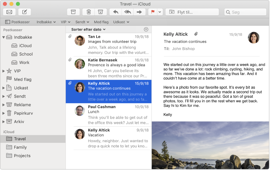 Indholdsoversigten i Mail-vinduet, der viser flere indbakker til en iCloud-konto.