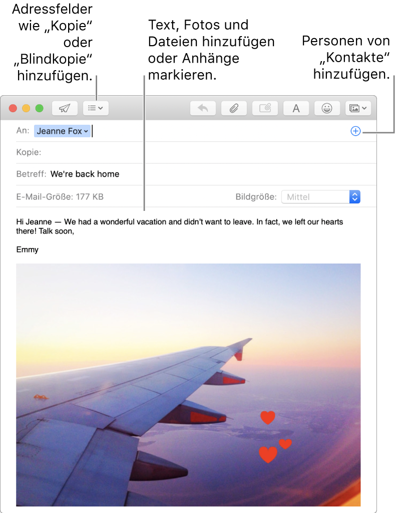 Ein Fenster für eine neue E-Mail mit Tasten für Header-Felder, der Taste „Hinzufügen“ in einem Adressfeld zum Hinzufügen von Personen aus „Kontakte“ sowie einem mit einer Anmerkung versehenden Bild im E-Mail-Text