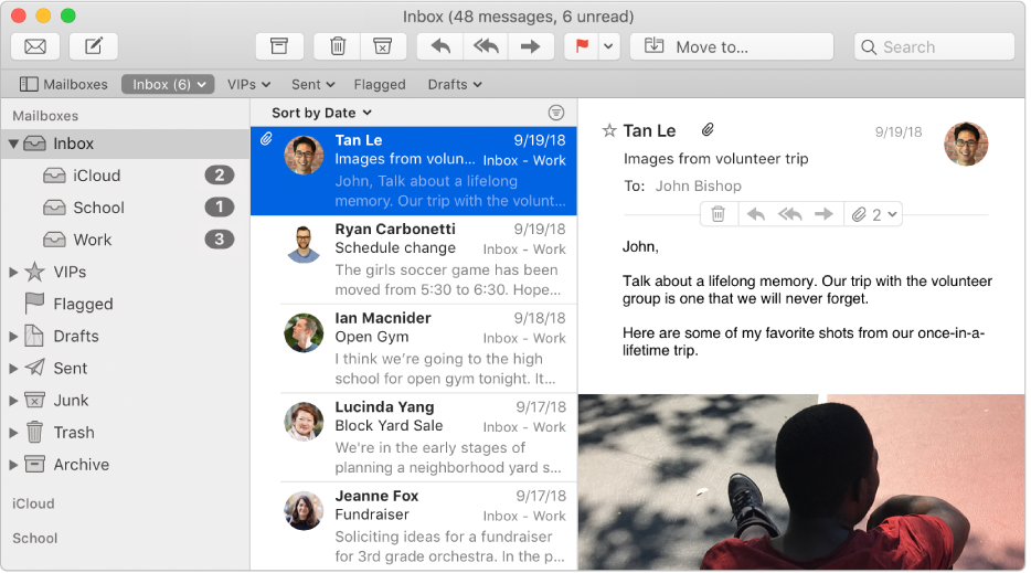 The sidebar in the Mail window showing inboxes for iCloud, school and work accounts.
