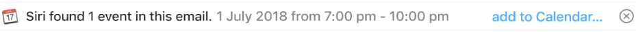 A banner below the message header in the preview area shows information about an event Siri found in the message. A link to add the event to Calendar is located at the right end.