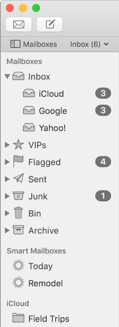 The Mail sidebar showing different accounts and mailboxes. Above the sidebar is the Mailboxes button (located in the Favourites bar) that you click to show or hide the sidebar.