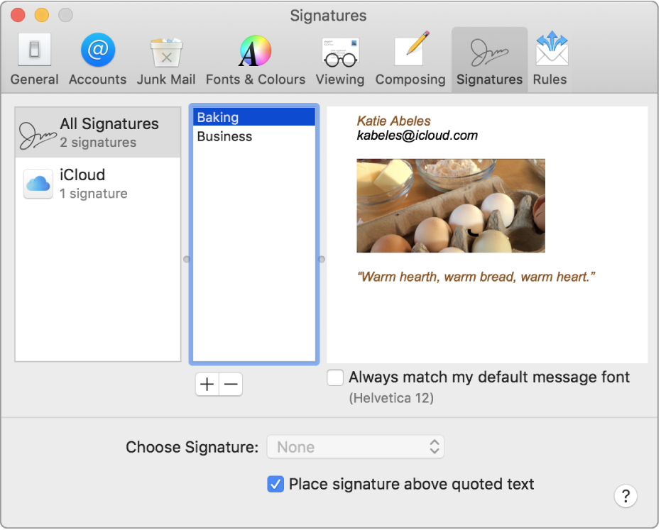 The Mail Signatures preference pane showing a signature that contains formatted text and an image.