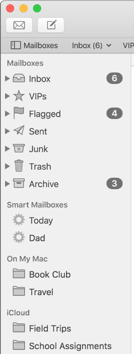 The Mail sidebar showing standard mailboxes (such as Inbox and Drafts) at the top of the sidebar and mailboxes you created in the On My Mac and iCloud sections.