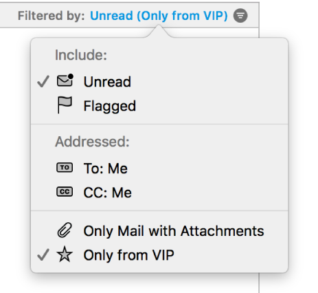 The filter pop-up menu showing six possible filters: Unread, Flagged, To: Me, CC: Me, Only Mail with Attachments, and Only from VIP.