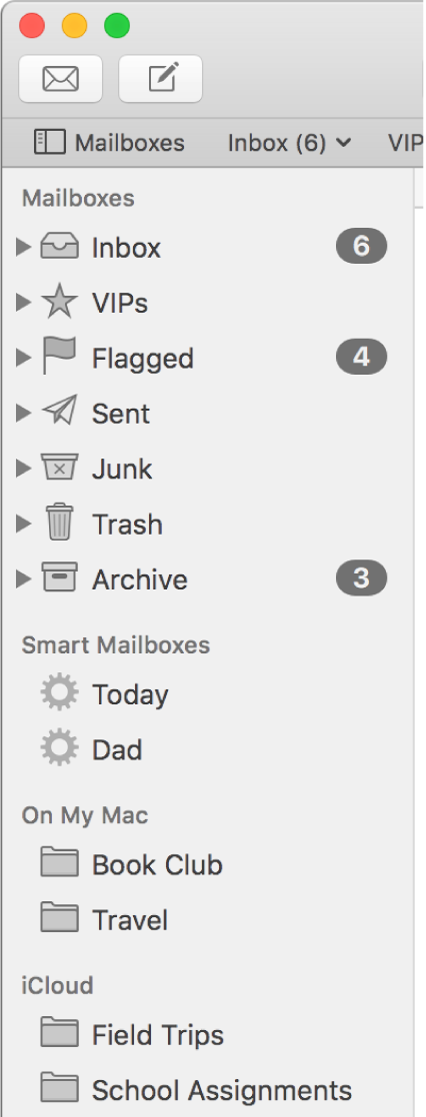 The Mail sidebar showing standard mailboxes (such as Inbox and Drafts) at the top of the sidebar and mailboxes you created in the On My Mac and iCloud sections.