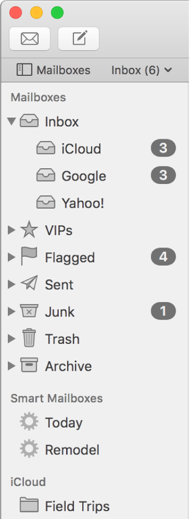 The Mail sidebar showing different accounts and mailboxes. Above the sidebar is the Mailboxes button (located in the Favorites bar) that you click to show or hide the sidebar.
