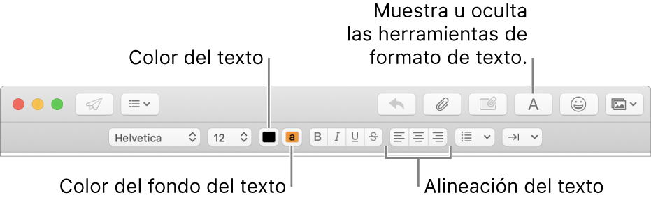 La barra de herramientas y de formato en la ventana de un nuevo mensaje indicando el color del texto, el color del fondo y los botones de alineación de texto.
