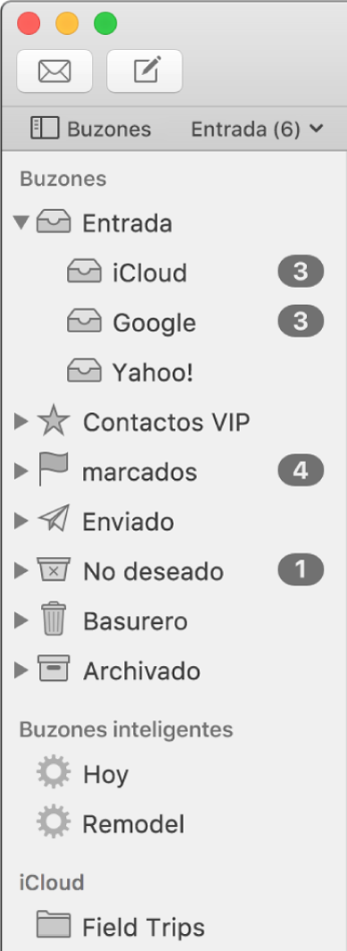 La barra lateral de Mail mostrando distintas cuentas y buzones. Arriba de la barra lateral se encuentra el botón Buzones (ubicado en la barra de favoritos), en el que puedes hacer clic para mostrar u ocultar la barra lateral.