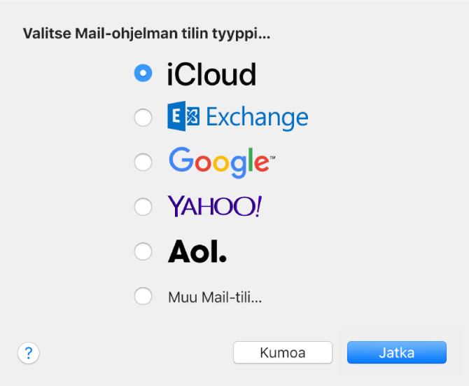 Valintaikkuna, jossa valitaan sähköpostitilin tyyppi. Näkyvissä vaihtoehdot iCloud, Exchange, Google, Yahoo!, AOL ja Muu Mail-tili.