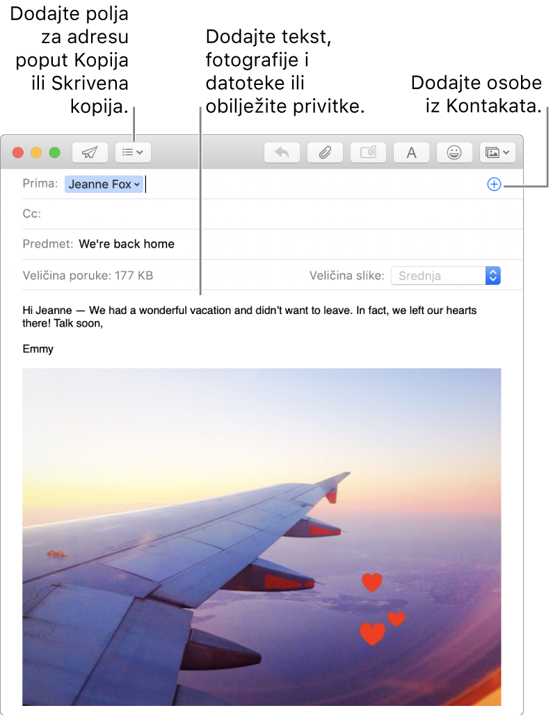 Prozor nove poruke označava tipku Polja zaglavlja, tipku Dodaj u adresnom polju za dodavanje osoba iz Kontakata te prikazuje obilježenu sliku u tijelu poruke.